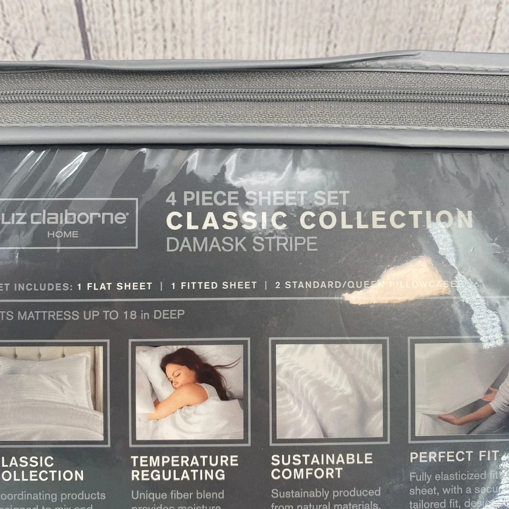 Liz Claiborne Sheet Set Full Techno Gray Damask Stripe Deep Pocket Minimalist